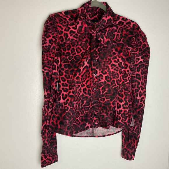 Vintage Pink Bow Puff Sleeves Animal Print Shirt 100% cotton - Picture 2 of 9